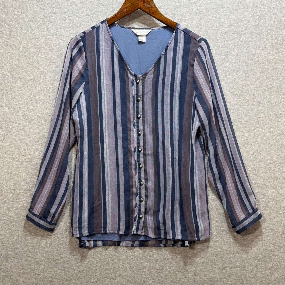 Christopher & Banks Blouse Womens Medium Blue Striped V-Neck Long Sleeve Modest